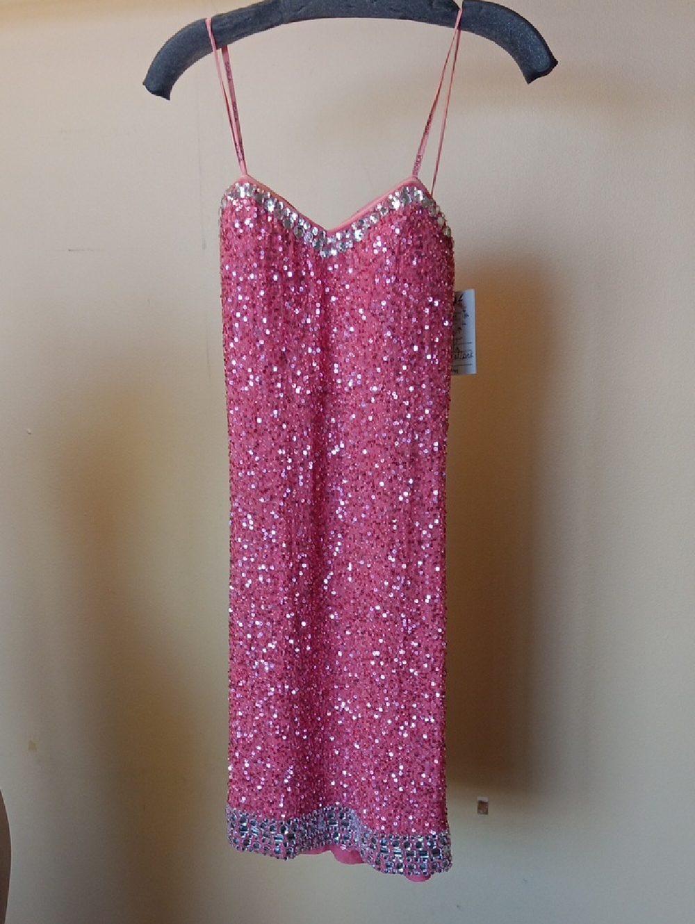 Scala Pink Sequin Slip Dress with Jeweled Neckline, Vintage, Size 8, BEAUTIFUL